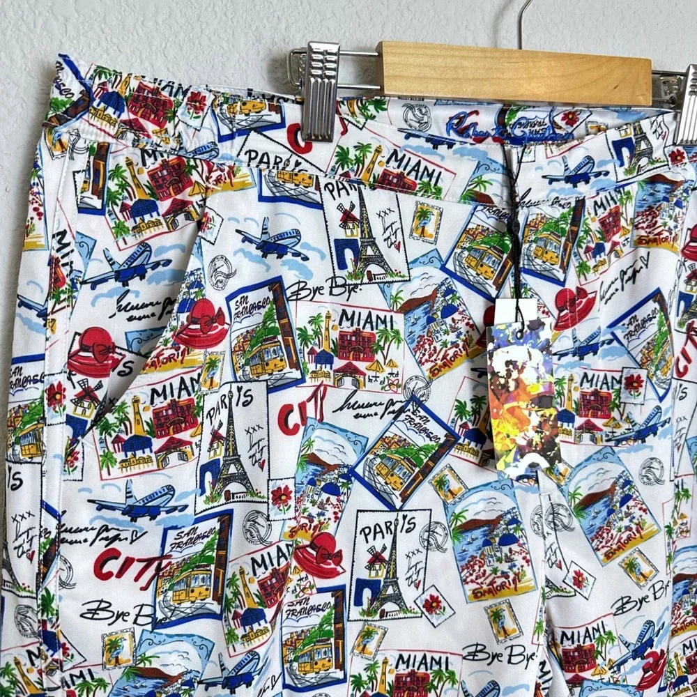 NEW Robert Graham Around the World Swim Shorts Mens XL Postcard Print Maximalist
